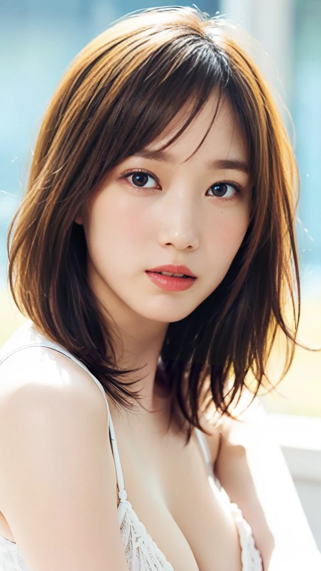 masterpiece、1 beautiful girl、Look forward、Over-the-knee depiction (reality: 1.4), Japanese、Asian Beauty、so beautiful、Beautiful Skin、thin、(Upper Body)、(超reality的な)、(High resolution)、(8k)、(Very detailed)、(Beautiful and beautiful eyes)、(Very detailed)、Big eyes、Brown eyes、Long eyelashes、Detailed face、Gloss Lip,Bright lighting、Professional Lighting、Looking into the camera、Serious expression、Look straight ahead、Long Hair、Brown Hair、Sea view、Nogizaka Idol、actress、20-year-old、Small breasts、Wet Skin、、Moist and realistic skin texture、Moist lips、Natural Shadows、Cleavageが見える(Cleavage:1.5)