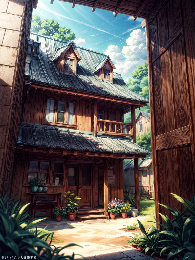 super wide perspective, outdoors, a beautiful white colored old cabin, flower fields, mountains, blue doors and windows, beach side, windy, moody weather, sand, tropical plants, stairs, amazing sky, ghibli anime scene, pots with tropical leafy plants, white metal chair with table, white cycle with basket, red flowers in balcony, flowers in foreground, cinematic color tones, subtle light, vibrant color tones, ghibli style, no humans, scenery, masterpiece, high resolution