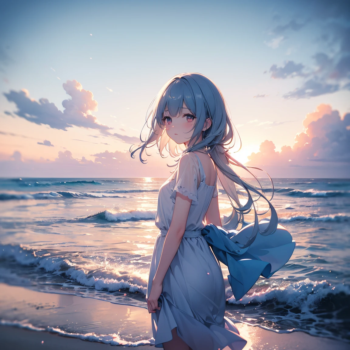 masterpiece, best quality:1.2), illustration, highres, extremely detailed, outdoors, sea, ocean, depth of field,chromatic aberration abuse, pastel color, Depth of field, shiny glary, Light, light particles, reflect, 3D, bright, beautiful and delicate water, calm water, very delicate light, nature, painting, water spray, fine luminescence, very fine 8K CG wallpaper, background, clear horizon, endless ocean, sunny afternoon, light clouds, watercolor effect, day, midday