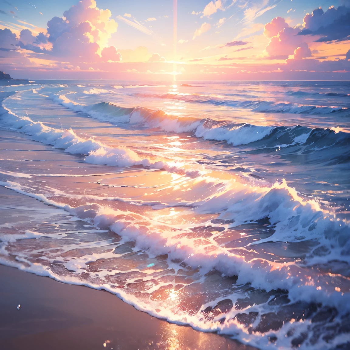 masterpiece, best quality:1.2), illustration, highres, extremely detailed, outdoors, sea, ocean, depth of field,chromatic aberration abuse, pastel color, Depth of field, shiny glary, Light, light particles, reflect, 3D, bright, beautiful and delicate water, calm water, very delicate light, nature, painting, water spray, fine luminescence, very fine 8K CG wallpaper, background, clear horizon, endless ocean, sunny afternoon, light clouds, watercolor effect, day, midday