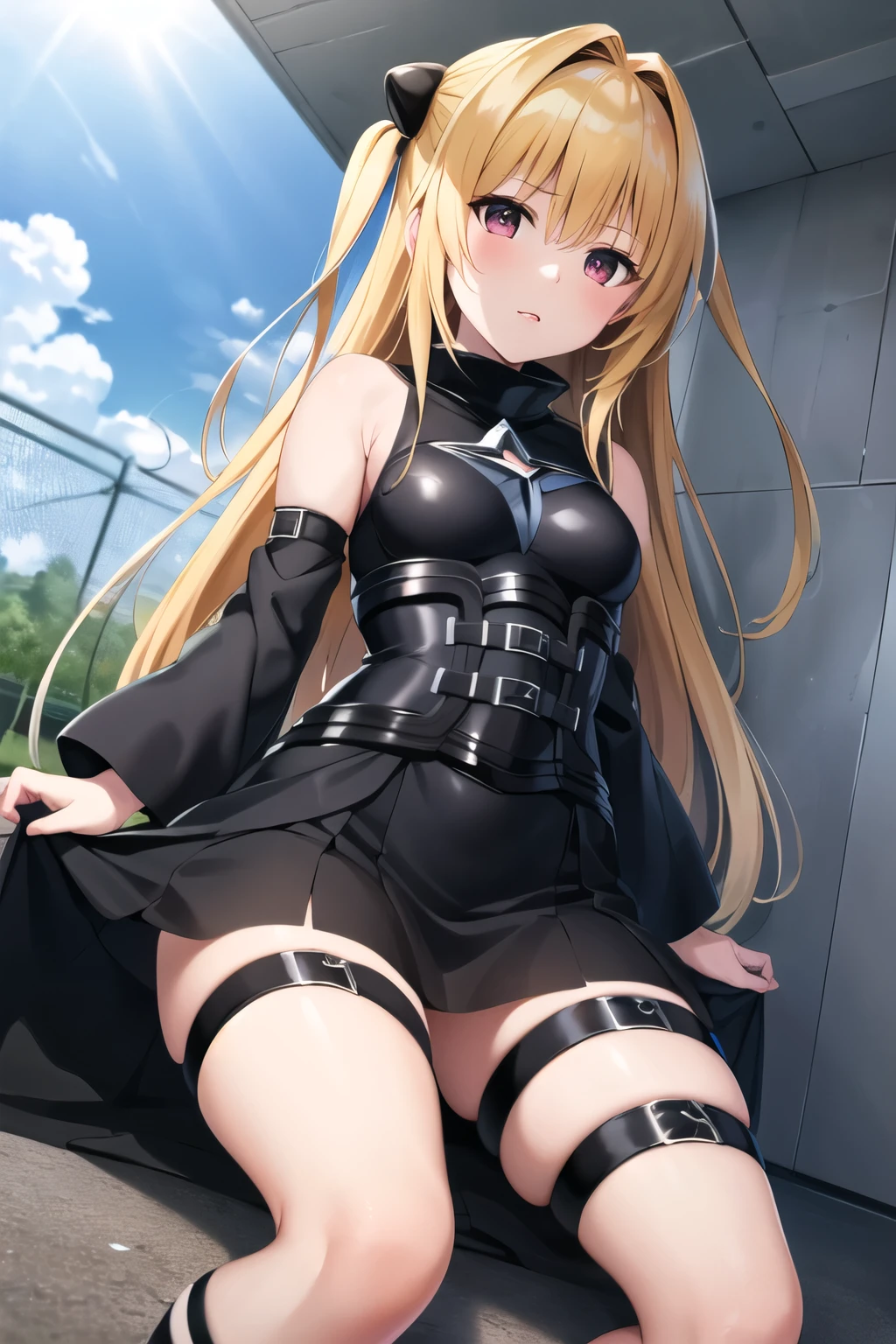 (masterpiece, Best Quality, detailed), 1 girl, Alone, looking at the viewer, aayami, by the wide, two sides up, hair ornament, bare shoulders, black dress, clothing trimming, separate sleeves, belt, thigh strap,
from below, Session, on the floor, against the wall, building, blue sky, nod, Chapped lips, sunlight, dutch angle, Whole body, plano general, school roof, chain-link fence, fence