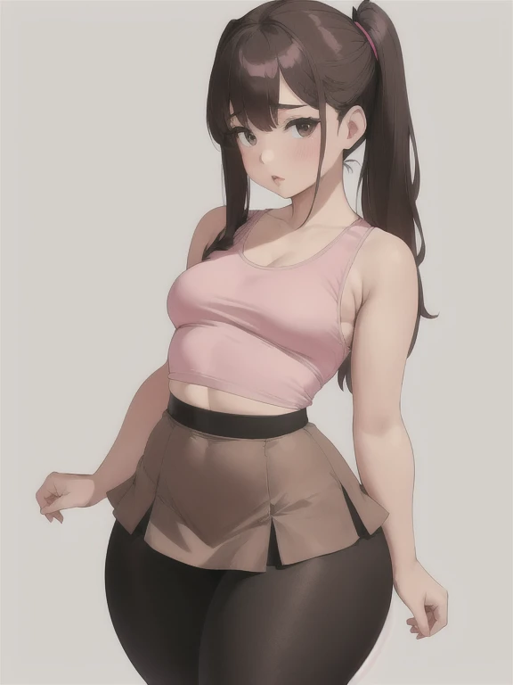 (best quality), (masterpiece), 1 girl, early 20's, small breasts, busty, perky breasts, thick, thick lips, wide hips, thin waist, wearing pink tank top, wearing brown skirt, wearing black leggings