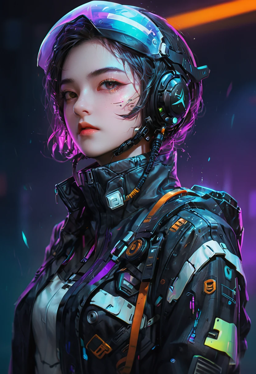 (masterpiece,best quality,Extremely detailed,Ultra-high resolution,Detailed background),((Cyberpunk)),((Flat Color)),((rich and colorful)),(1 Girl),pilot,pilot helmet,pilot jacket,Looking at the audience,Solitary,Upper Body,Colored background,High contrast,Contrasting colors,Cowboy shooting,