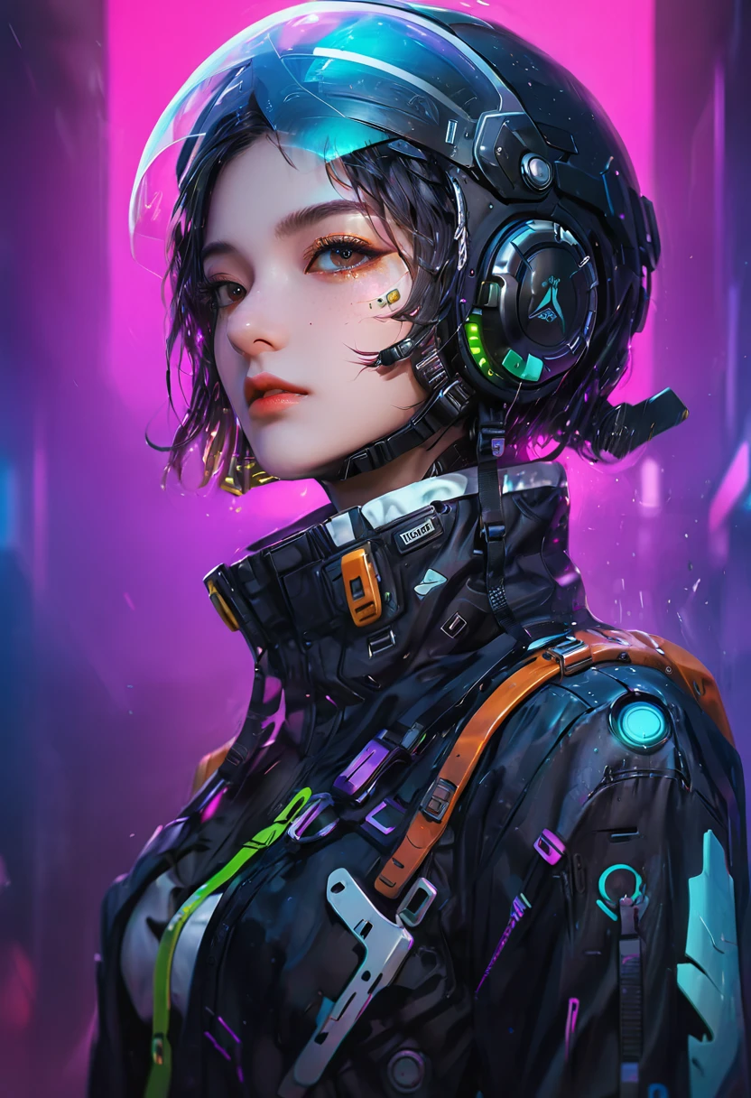 (masterpiece,best quality,Extremely detailed,Ultra-high resolution,Detailed background),((Cyberpunk)),((Flat Color)),((rich and colorful)),(1 Girl),pilot,pilot helmet,pilot jacket,Looking at the audience,Solitary,Upper Body,Colored background,High contrast,Contrasting colors,Cowboy shooting,