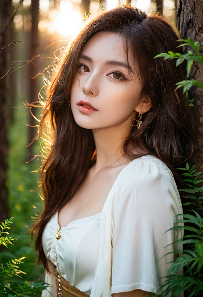 Beautiful mysterious woman with brown hair, Watch the sunset in a beautiful forest