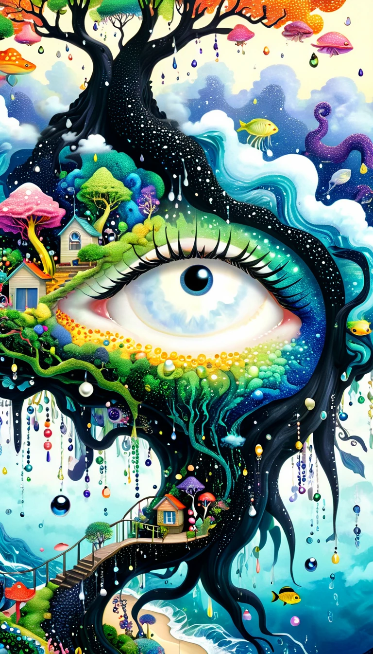 Broto art style，Strong visual fusion of multiple elements，来自star的艺术家，Colorful black，Dopamine color scheme，house、Eye、Colored Contact Lenses、Tree、pearl bead curtain、pearl、star、cloud、fish、Spore powder、Ocean、rain、Tentacles，Describing the inner world of autistic people，Intensive Pointillism method。Smooth lines。interesting，Strange illustration。Pointillism method。Strong contrast。Award-winning works。