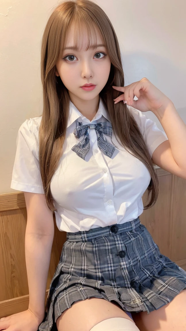 ((最high quality,masterpiece,high quality))gravure,Small face, 最high quality, shape, Very detailed, High resolution, 8k wallpaper, 完璧なダイナミックな構shape, Beautiful and detailed、Big eyes,Long eyelashes:1.35,Natural color lip, Bold sexy pose,
1girl, sitting, spread legs, breast grab self, cowboy shot, girl, 18 yo, (:1.3), (large breasts:1.4), (blond hair:1.2), (medium long hair:1.2), (hair between eyes:0.5), (straight hair:1.3), grey eyes, (tareme:1.1),
nsfw
closed eyes, heavy breathing, frown, half open mouth, (wavy mouth:0.8), sweat, blush,
(school uniform), (white collared shirt, plain pattern shirt, short sleeves, shirt tucked in:1), (red plain pattern narrow neck ribbon:1.1), (button gap:1.5),
(black and grey plaid pattern skirt:1), (pleated skirt, miniskirt:1.2),
(white lace panties:1.2), pussy juice stain
classroom