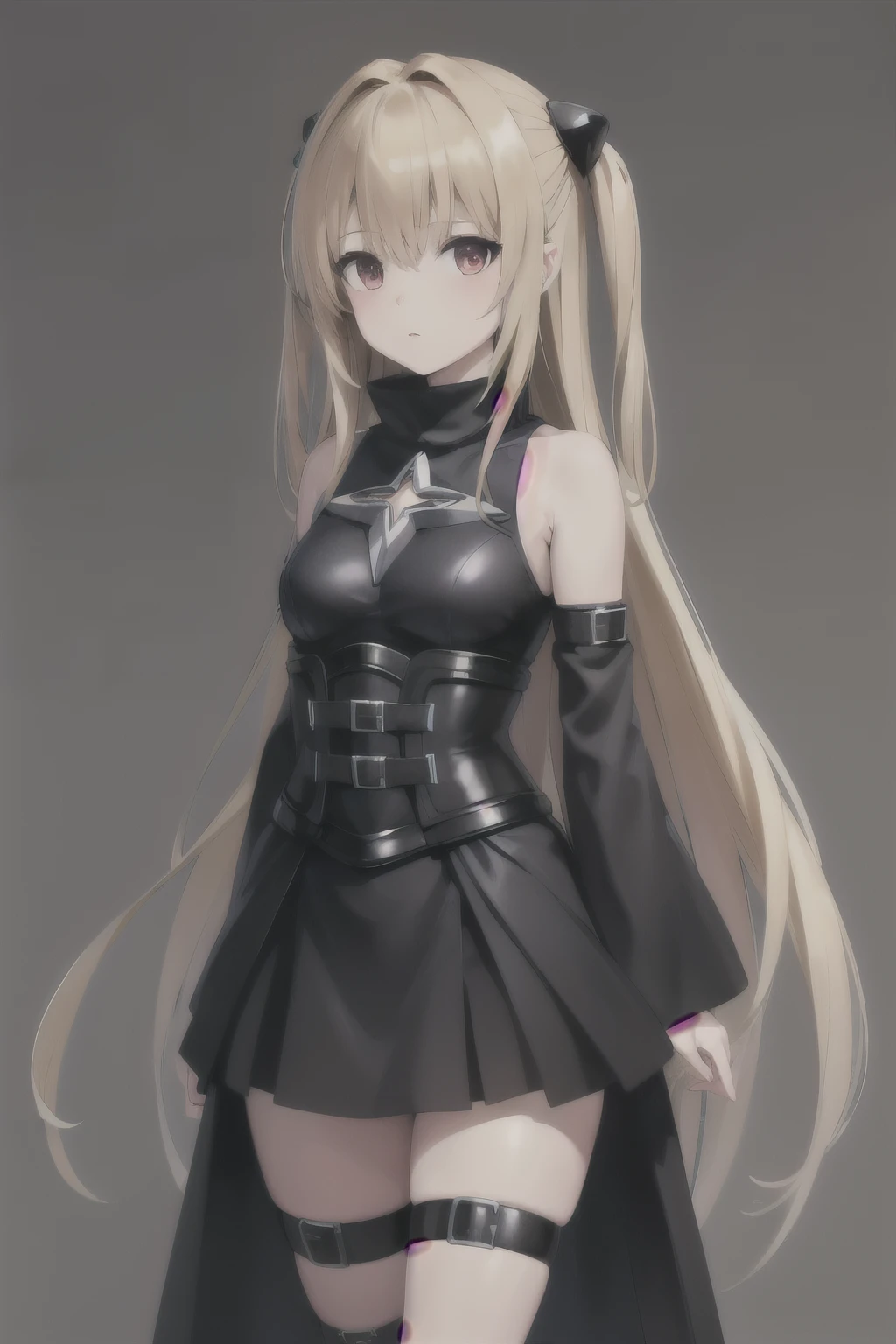 masterpiece, Best Quality, High resolution, aayami, very long hair, two sides up, hair ornament, bare shoulders, black dress, clothing trimming, separate sleeves, belt, thigh strap, standing, cowboy shot,