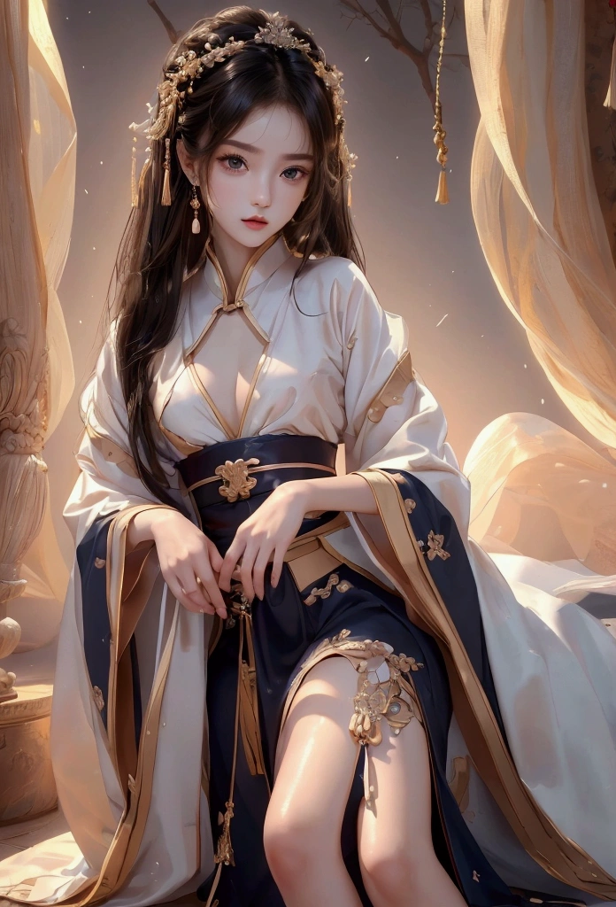 Best image quality、8k、masterpiece:1.3))、Realistic high-quality photos、Highest quality、 Beautiful face、Photos of slim models、Beautiful girl model、Young and pretty face、Beautiful model girl、A lovely and delicate face、Black Hair、Beautiful brown eyes、Young Body、Hanfu, (emphasize)、from the front、Camera gaze,、Anatomically correct、胸の谷間をemphasize、whole body、13-year-old female model、Exposed thighs