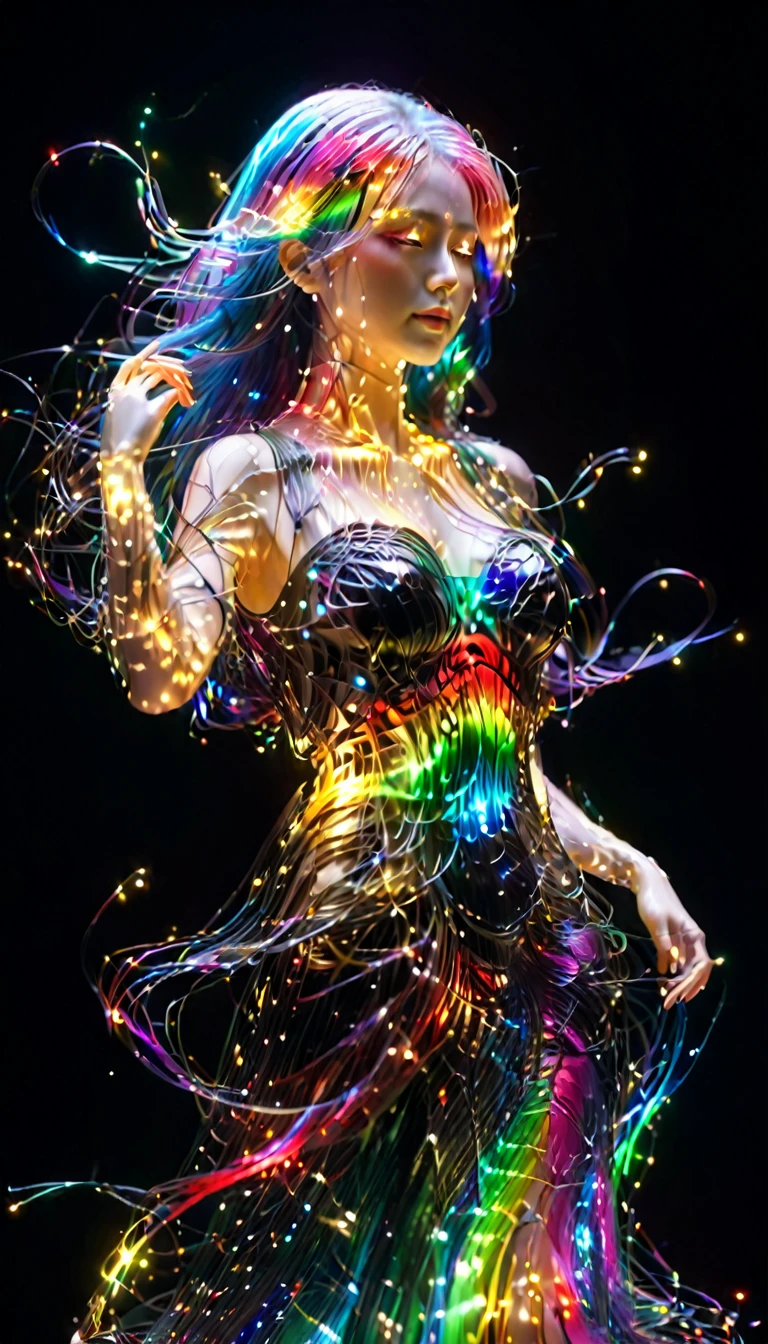 Ultra-Realistic Capture,18k,RAW Photos,Highest quality,masterpiece,reality,Very detailed,Very beautiful woman,Glass Skin,Automata,18-year-old ,Model body type,LED,A very long dress made of light particles,Very detailedな電子機器の骨格,A lot of connecting lines,Rainbow colors,(Very long LED hair),Black background,Angel,Wings made of connecting wires,Raise the middle finger,