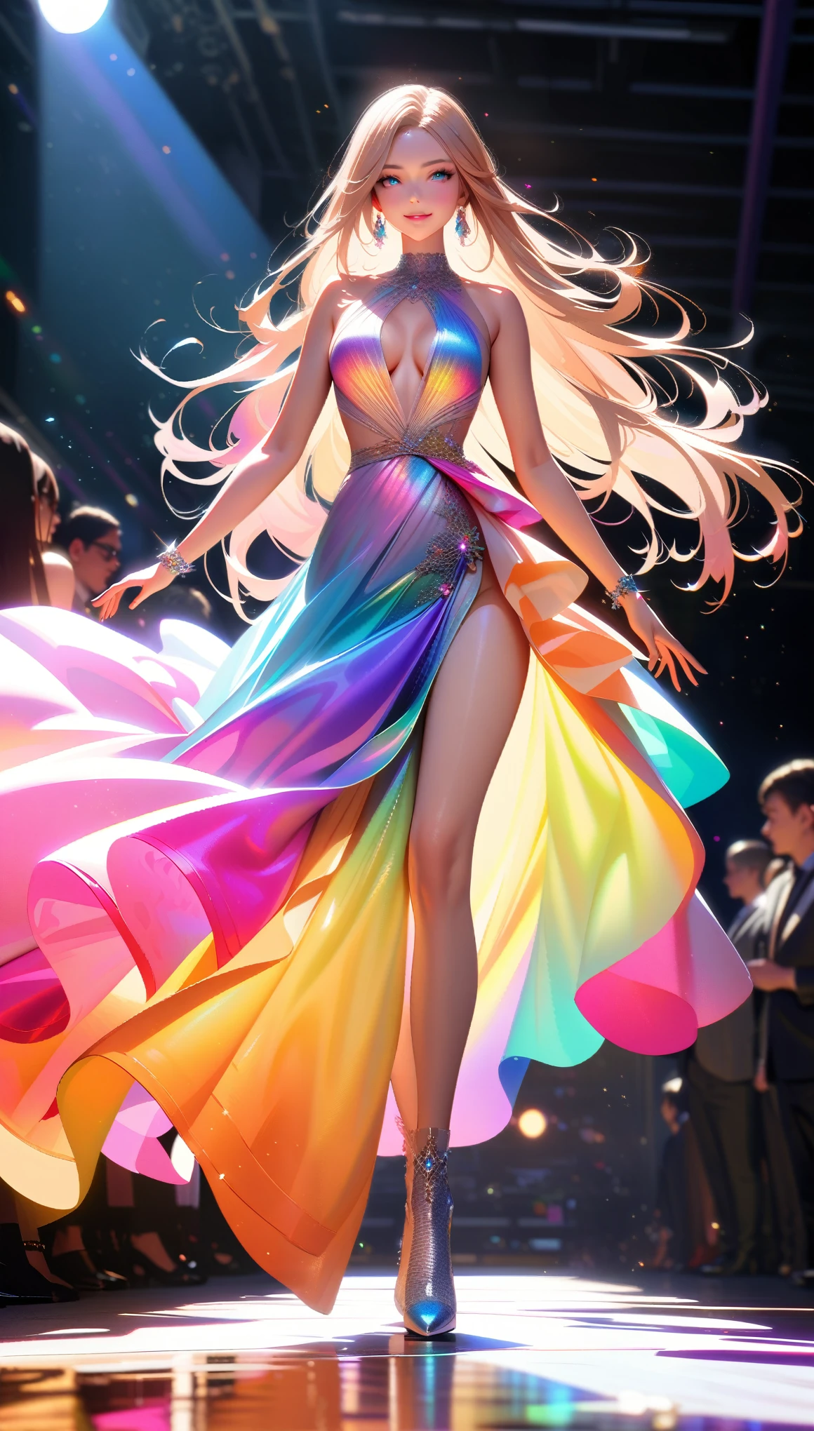 Masterpiece, Best Quality, Super Detailed, High Definition, HDR, Realistic, Depth, Fine Texture, Super Fine, Complete concentration.
Beautiful woman, fashion model, long flowing hair, elegant hairstyle, dazzling dress with sparkling sequins and gemstones, luxurious accessories, confident and graceful pose, intricate details, volumetric lighting, iridescent colors, atmospheric lighting, lens flare, cinematic light, colorful light, particles, rainbow colors schemes, epic scale, dramatic pose, dynamic composition, vibrant colors, depth of field, detailed textures.
Fashion runway with glowing runway lights, elegant background with modern elements, surrounded by an awe-inspired audience, fashion model exuding confidence and elegance, vibrant lighting, and glamorous atmosphere, walking confidently on the runway.
Soft light and shadow, beautiful detailed eyes, beautiful detailed lips, extremely detailed eyes and face, white and platinum colors scheme, smiling in a confident, gentle smile, beautiful detailed glow, detailed, professional, ultra-detailed, intricate details, full body fashion model.