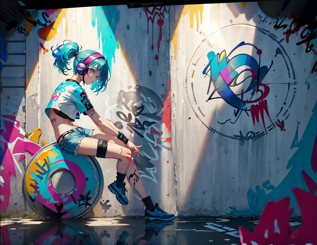 masterpiece, best quality, 1girl, solo, crop top, denim shorts, choker, (graffiti:1.5), paint splatter, arms behind back, against wall, looking at viewer, armband, thigh strap, paint on body, head tilt, bored, multicolored hair, aqua eyes, headset,