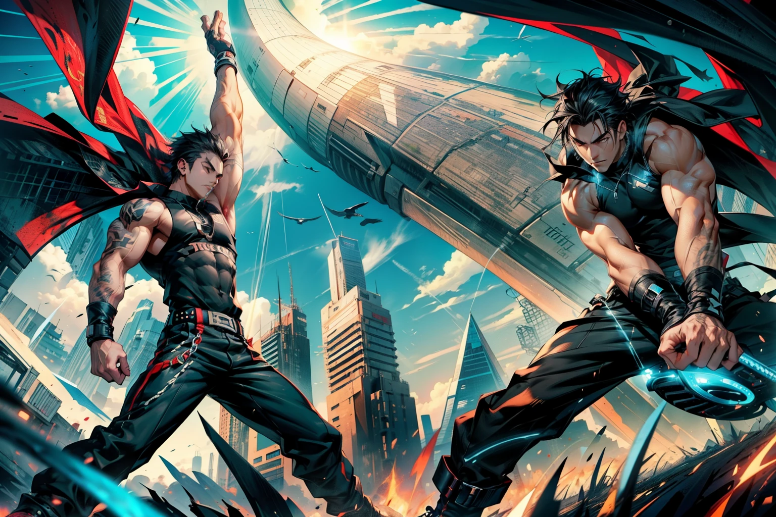 boys 26 Years old, Serious face, wearing black sleeveless shirt, black pants, black hair, levitate on sky, blue sky, cloud