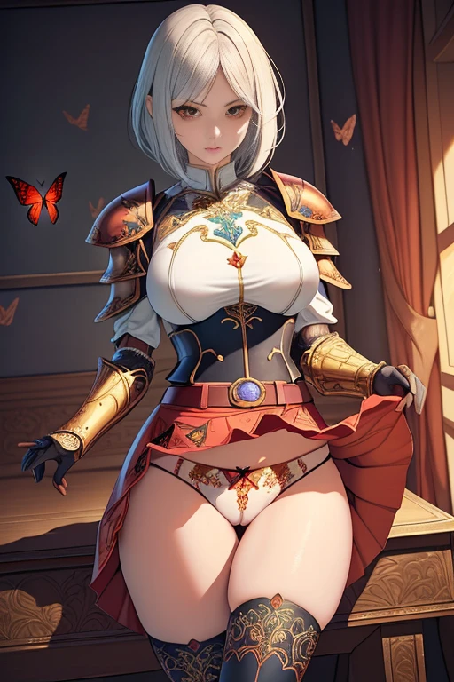 {Highest quality}, {とてもbeautiful}, {Very detailedな}, {最高のAn illustration}, masterpiece,(((Skirt Lift:1.5))),((Showing off her red butterfly panties)),garter belt:1.2,((Holy Knight)), Smooth breastplate, ((Black Copper Armor))、((((Extremely detailed and intricately decorated armor:1.1)))),Red Cowboy Shot,smooth udder、big 、(Golden Ratio,Tabletop, Highest quality, Highest quality, Official Art, beautifully、beautiful:1.2), Very detailed, colorful,Best details,An illustration, Great scene, (Adult,19 years old,One Girl, alone, Final Fantasy 12,Asheria:1.5, Asheria:1.5, Asheria:1.5, short hair, short hair,Bobcut,Silver Hair:1.2,Asheria Costume:1.5, Asheria Costume:1.5, mini skirt,Knee socks, Thighs Thighs Thighs Thighs, gem, Blue Belt,Belt number 1),Course of action, A look of contempt ,From below,