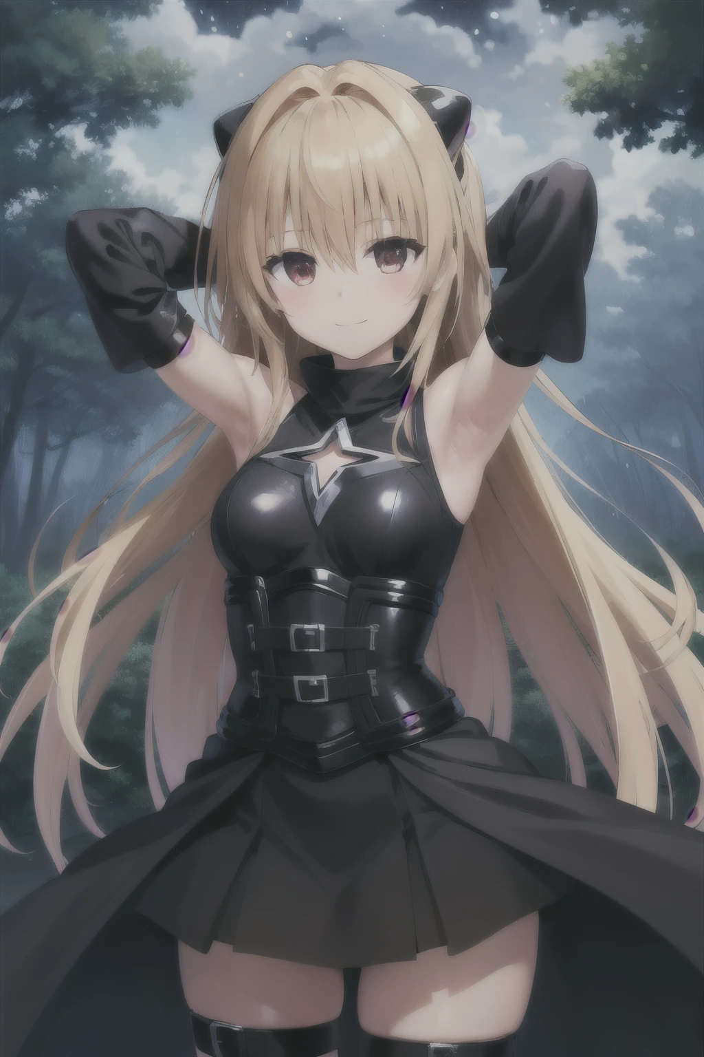 masterpiece, Best Quality, High resolution, aayami, very long hair, two sides up, hair ornament, bare shoulders, black dress, clothing trimming, separate sleeves, belt, thigh strap, Closed mouth, Alone, cowboy shot, night sky, forest, arms behind head, contrasted, shy smile, extend armpits, shy smile, high quality,