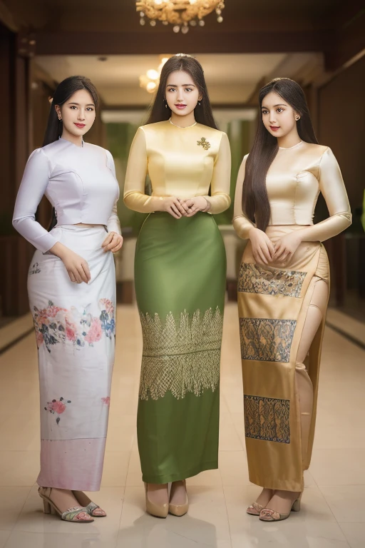 Three Myanmar girls compete with long hair and charismatic beauty owners / smiles, as well as /high hips/a few waists / traditional dresses Clean clothing/sealed silk reflected / decorated silk / artificial / clear maximum image/3D HD HD Full body
