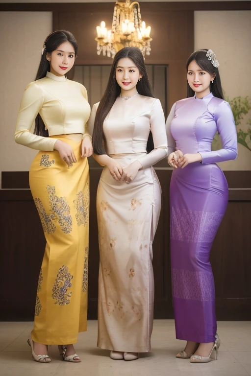 Three Myanmar girls compete with long hair and charismatic beauty owners / smiles, as well as /high hips/a few waists / traditional dresses Clean clothing/sealed silk reflected / decorated silk / artificial / clear maximum image/3D HD HD Full body