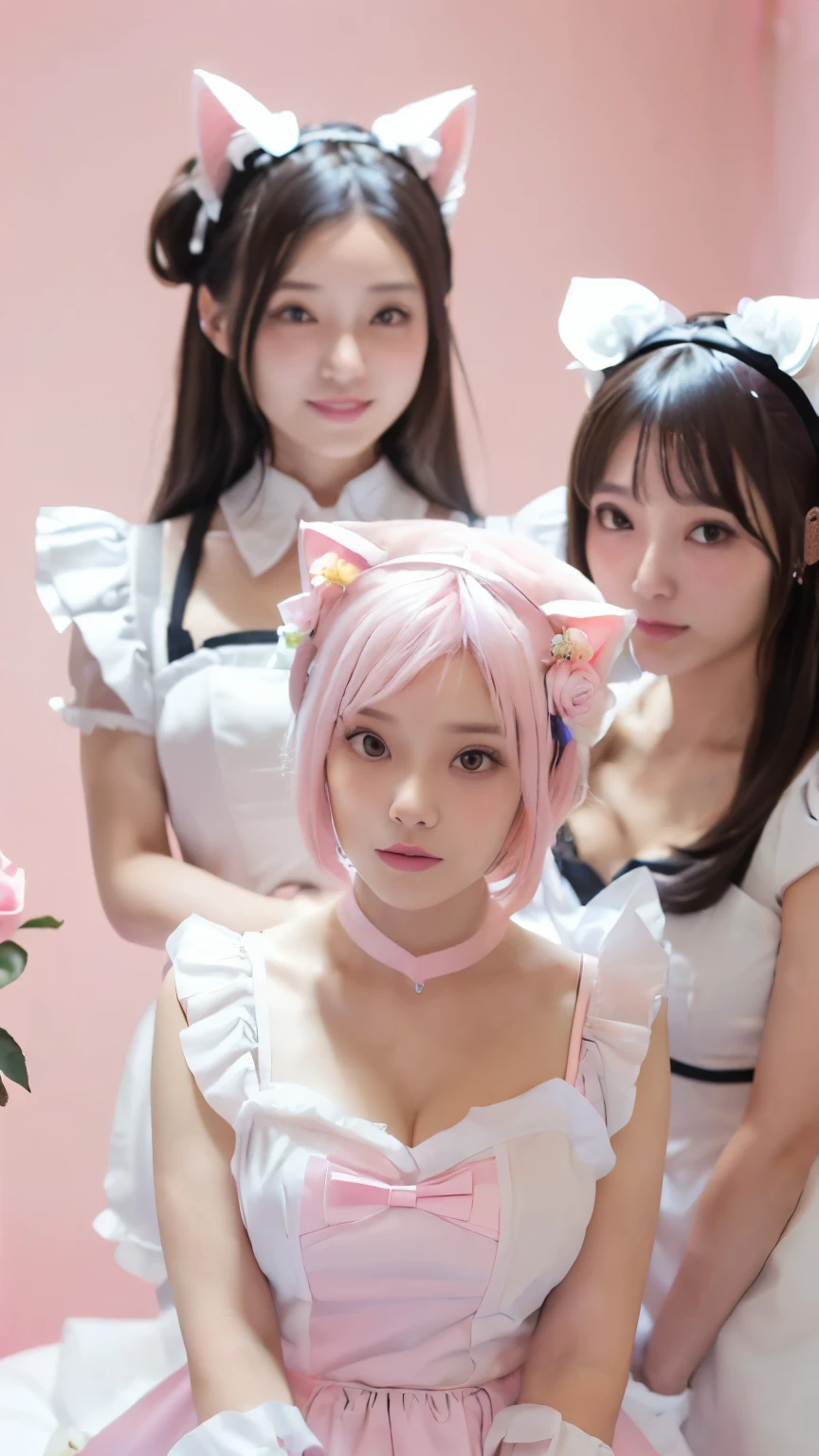 (Emo art:1.6), masterpiece, 32k, Bokeh, high school girls, (Multiple girls:1.6), (Group photo:1.5), beautiful face,  (Cat ears:1.3), (pink+white soft hair:1.6) , (Japanese idol:1.6), Blushed face, (Pink maid costume :1.4), looking at the viewer, closeup, 
 (Pink background :1.4), (Pink rose millor room:1.6),