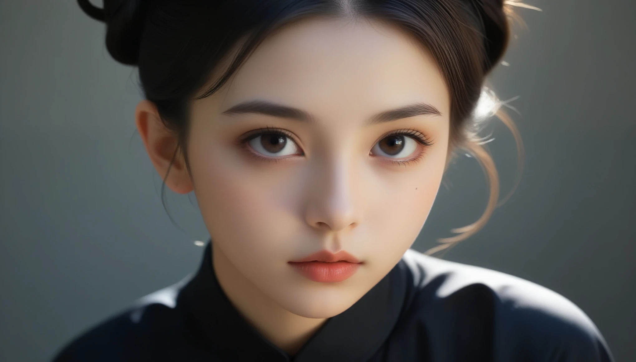 8K, 超high resolution, best quality, masterpiece, Surrealism, photo, 1 girl, (************:1.3), Lovely***, LovelyFace, Beautiful eyes in every detail, Black silk dress、Intellectuals,(Gaziantep:1.5), closure, masterpiece, best quality, 生photo, Practical, Face, Unbelievably ridiculous, beautiful girl, Lovely, Hair Bun, Writing border depth, high resolution, 超detailed, Finely, 非常にdetailedな, 非常にdetailedな eyes and Face, Sharp pupils, Practical students, Clear focus, light、Writing border depth、Vivid details、detailed、Surrealism、Light and Shadow,glare,Fashion magazine cover,Thin lips