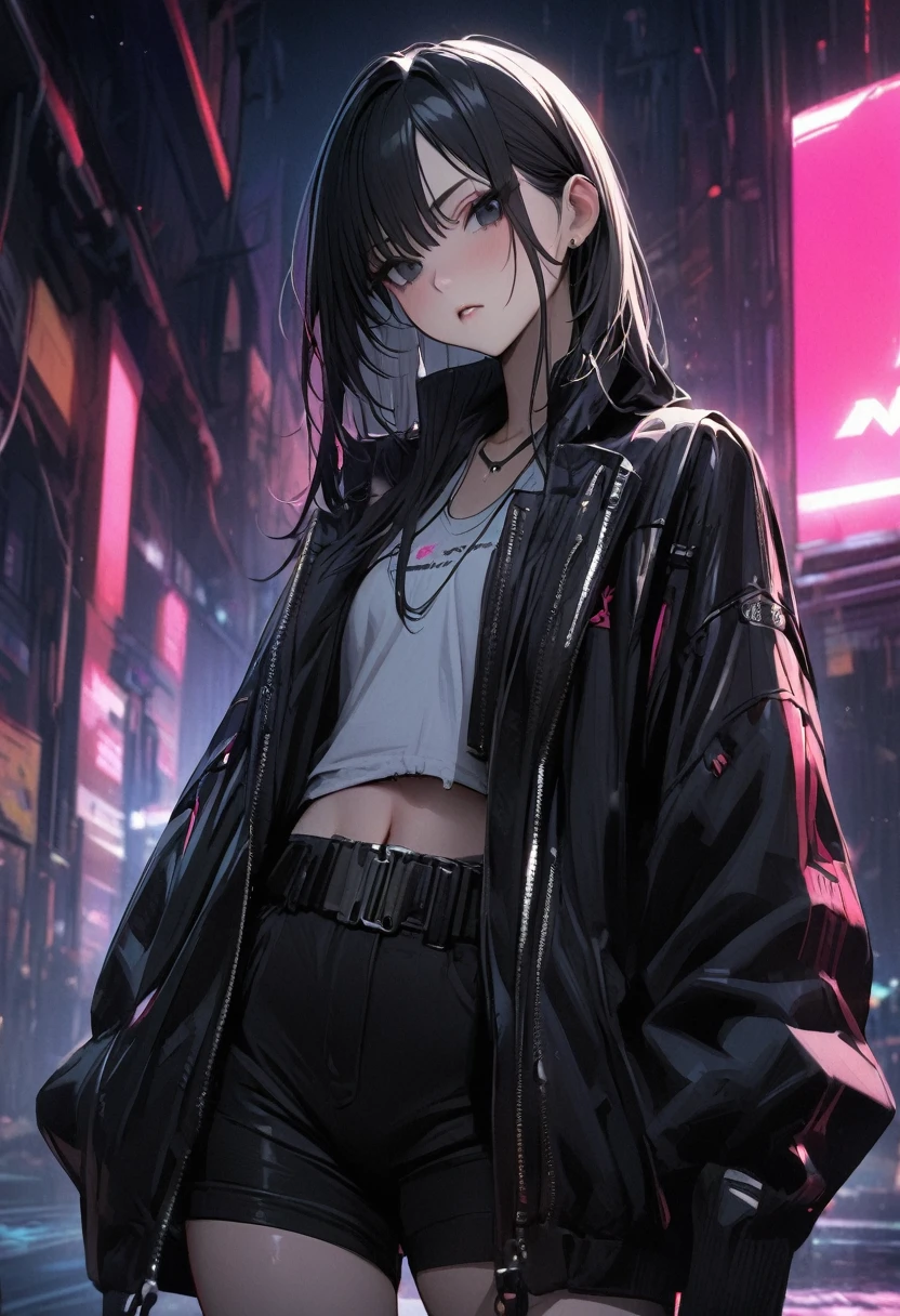 girl, black eyes, long black hair, black jacket with cyberpunk neon stripes, short black skirt, black boots, black gloves, serious look.
