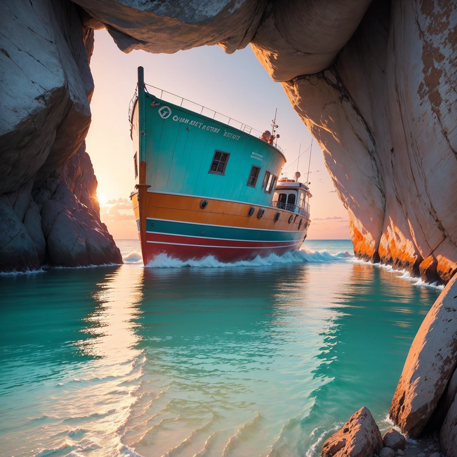 Winner of the award for best photography of the year, (the scene captures with extreme clarity, color and texture) a Turquoise Coast of Baja California, capturing the essence of a serene Mexican Panga boat anchored in the golden sand of a picturesque beach. The boat's awning extends across the side view, while fishing rods and palapas dot the landscape. Rock formations rise from the shore, with people scattered, blending harmoniously in the distance. ((Soft pinkish-orange tones blend with the sky)), reminiscent of the magic hour when the sun hides behind the horizon. The rule of thirds composition places the ship at the intersection of two diagonals, drawing the viewer's attention to the tranquil scene. The brushwork is textured and realistic, evoking the style of artists such as Aytek Cetin, Max Rive, Tanmay Sapkal, Andrea Zappia and Daniel Gerhartz.