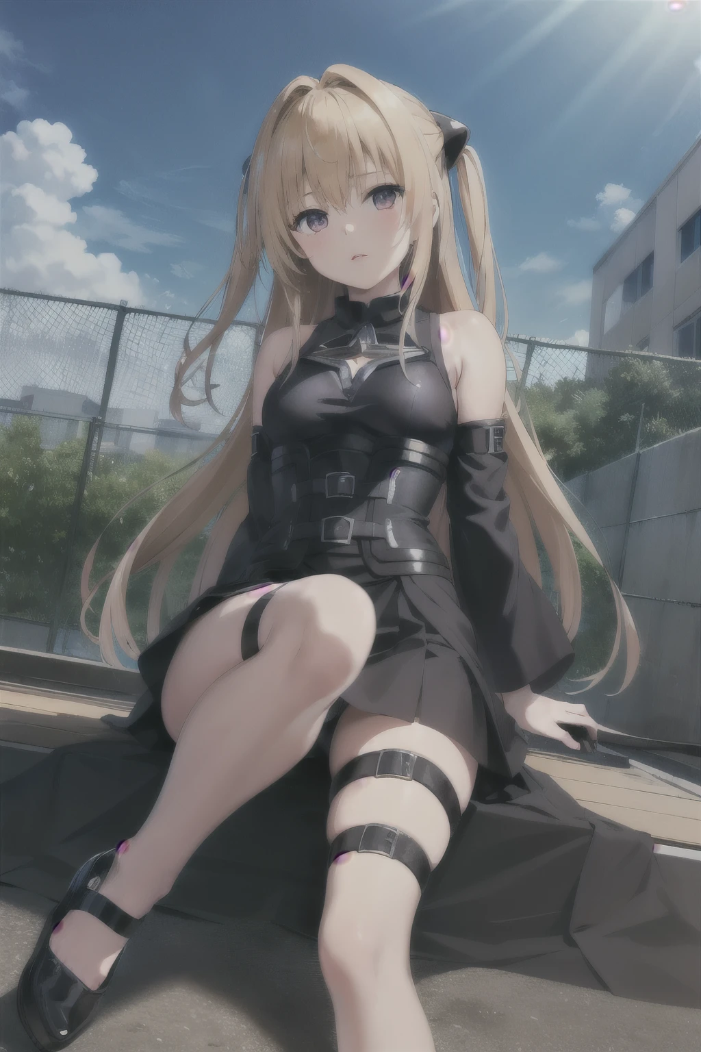 (masterpiece, Best Quality, detailed), 1 girl, Alone, looking at the viewer, aayami, by the wide, two sides up, hair ornament, bare shoulders, black dress, clothing trimming, separate sleeves, belt, thigh strap,
from below, Session, on the floor, against the wall, building, blue sky, nod, Chapped lips, sunlight, dutch angle, Whole body, plano general, school roof, chain-link fence, fence