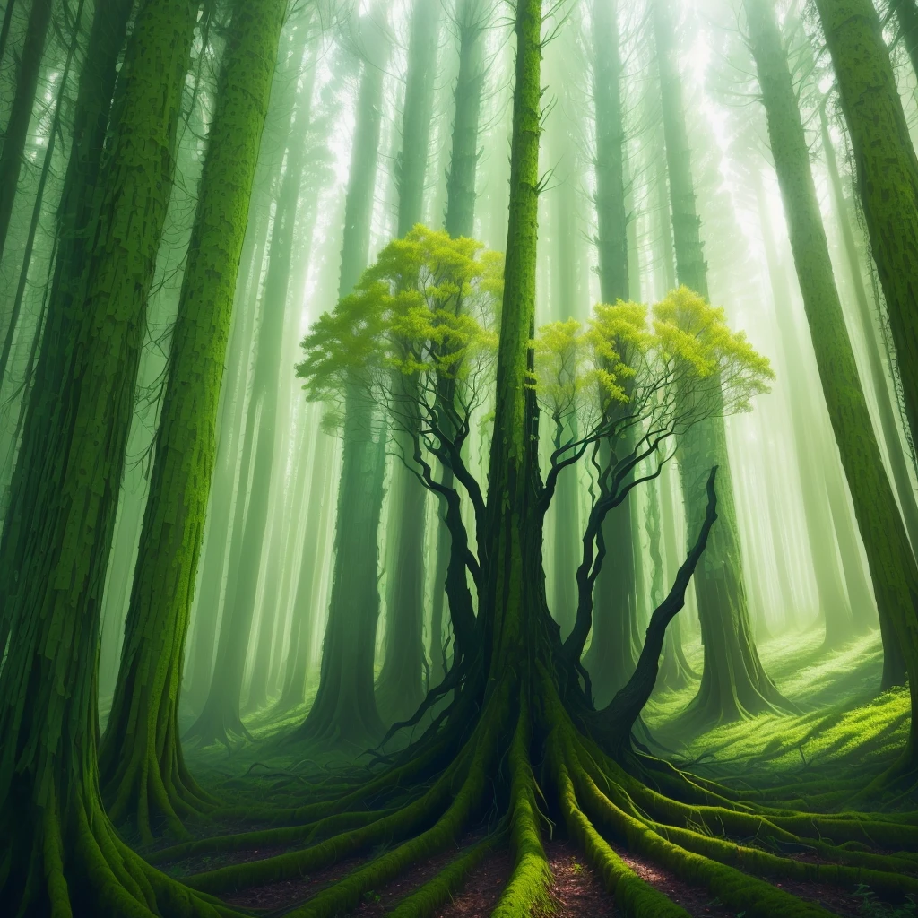 there is a picture of a picture of a forest with trees, 35mm Double Exposure照片, in glitchart jared forest, Double exposure on 35mm film!, surreal forest, 35mm Double Exposure, (((forest))), green flora forest, psychedelic forest, 外部世界forest之下, in a fractal forest, forest backdrop, cyber space forest scene,Added a new tree material tiger