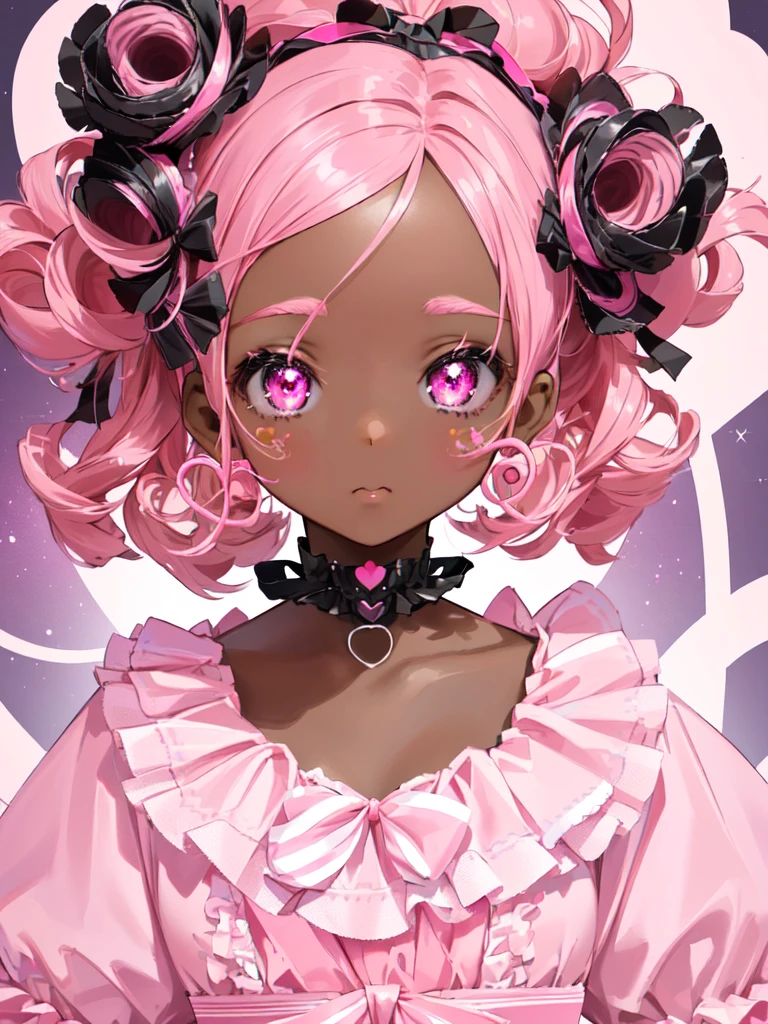 black woman, dark skin, tan, 4c, there is a woman with a pink mask and pink hair, glowing pink face, pink face, decora inspired, creepy kawaii, rosey cheeks, kawaii aesthetic, pink iconic character, pink girl, candy girl, beautiful pink little alien girl, glowing pink eyes, beautiful aesthetic, wearing pink hair bow, belle delphine, kawaii realistic portrait, aesthetic portrait, very very kawaii, cute pink ballet, 4k, 8k, ultra high quality, definition, ultra-detailed!!, black girl princess, ((curly hair))