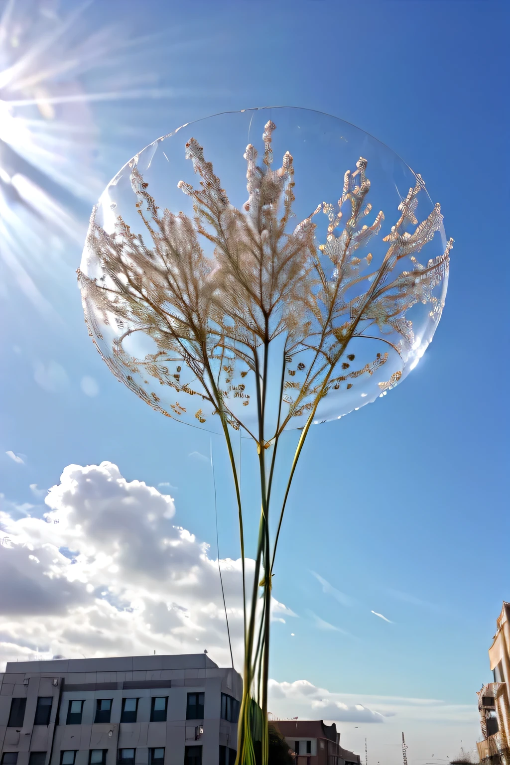 transparent Inflatable flowers, light color, sky background, the scene semitransparent inflatable