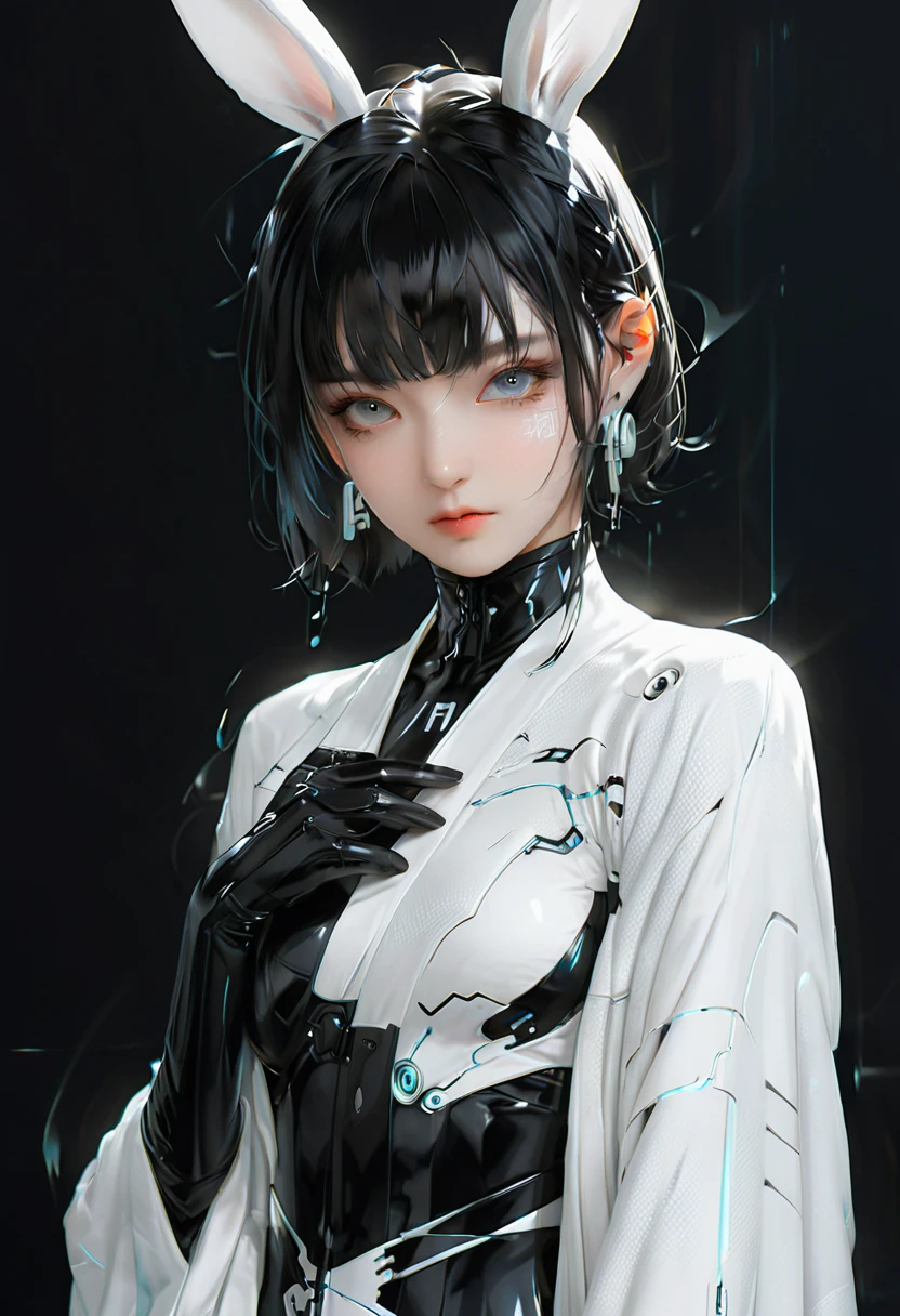 Idol singer,：2  microphone：2, futuristic stage background, anatomically correct, high quality, ultra-fine, ultra-realistic, futuristic costume design, the design embraces flexibility, the monochromatic color scheme exudes tranquility, the surface reflects soft light, extremely Minimalism, simple and powerful female beauty, modernism, female elements in visual art, blending advanced technology and nature, realistic rendering, 1 girl, full body shot, white cyber bunny-eared girl, cyberpunk kimono, translucent, Smooth fabric, low-rise black leggings, sheer kimono top, monochrome palette, stylish lines, futuristic embellishment, high-tech accessories, minimalist design, fusion, bold simplicity, calm expression, cybernetic enhancement, seductive Eye-catching elegance, short gray hair makes her blue eyes brighter, chiseled facial lines highlight her radiant white skin, incredibly slender waist, and round breasts, exuding a sculptural beauty , looking at the audience, helllady