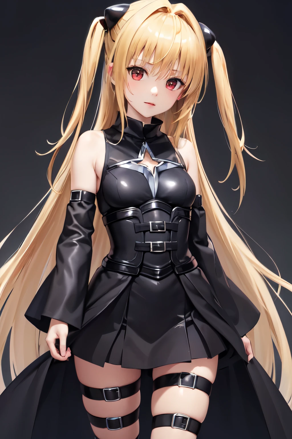 masterpiece, Best Quality, High resolution, aayami, very long hair, two sides up, hair ornament, bare shoulders, black dress, clothing trimming, separate sleeves, belt, thigh strap, standing, cowboy shot,