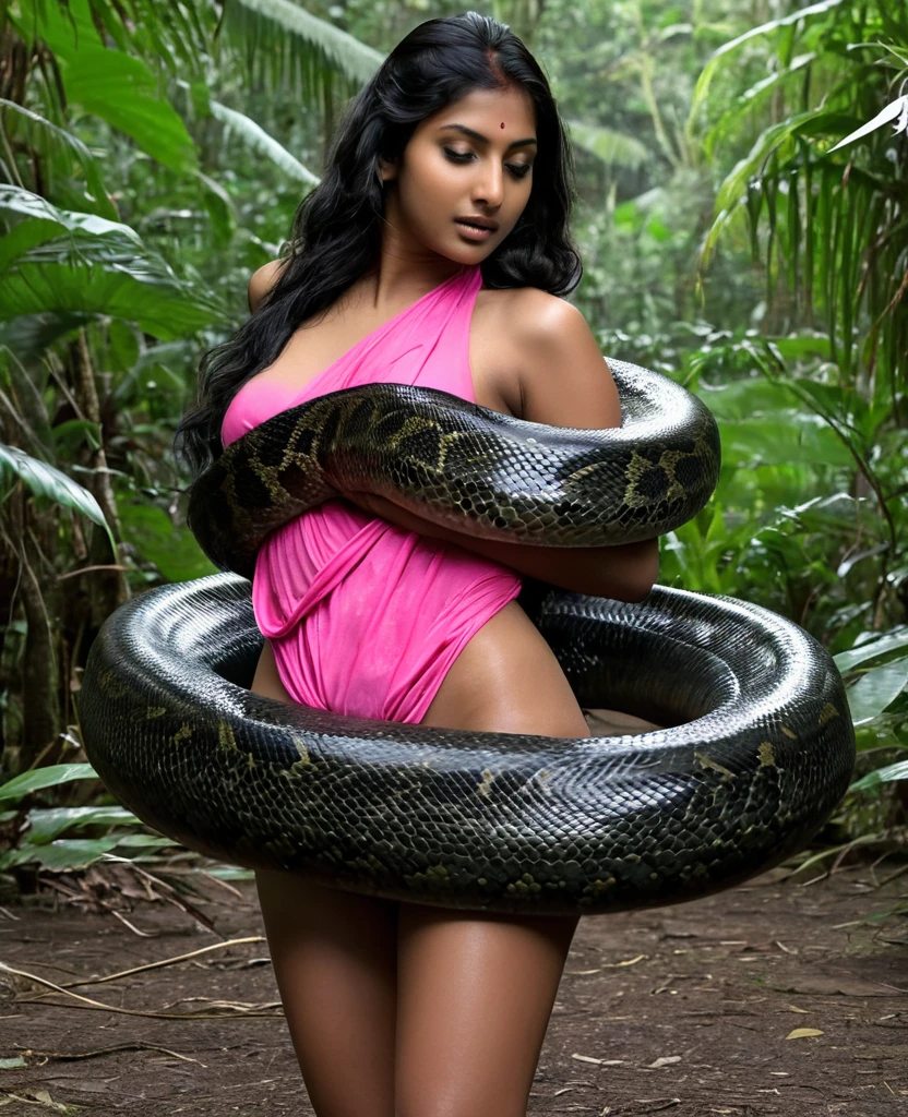  Topless  pink thong wearing aroused horny beautiful happy young Indian teen girl vs  Giant colossal black anaconda monster wrapped around her body squeezing her in coiled embrace cuddling and kissing  sexual erotic bestiality  sex  realistic in the rainforest full body, best quality wet top quality perfect body 