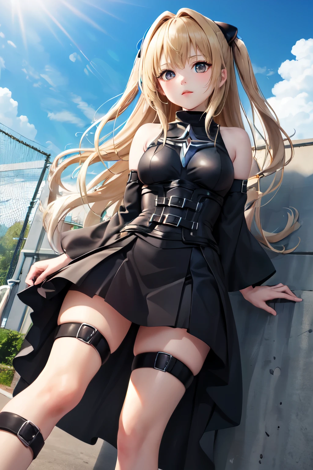 (masterpiece, Best Quality, detailed), 1 girl, Alone, looking at the viewer, aayami, by the wide, two sides up, hair ornament, bare shoulders, black dress, clothing trimming, separate sleeves, belt, thigh strap,
from below, Session, on the floor, against the wall, building, blue sky, nod, Chapped lips, sunlight, dutch angle, Whole body, plano general, school roof, chain-link fence, fence