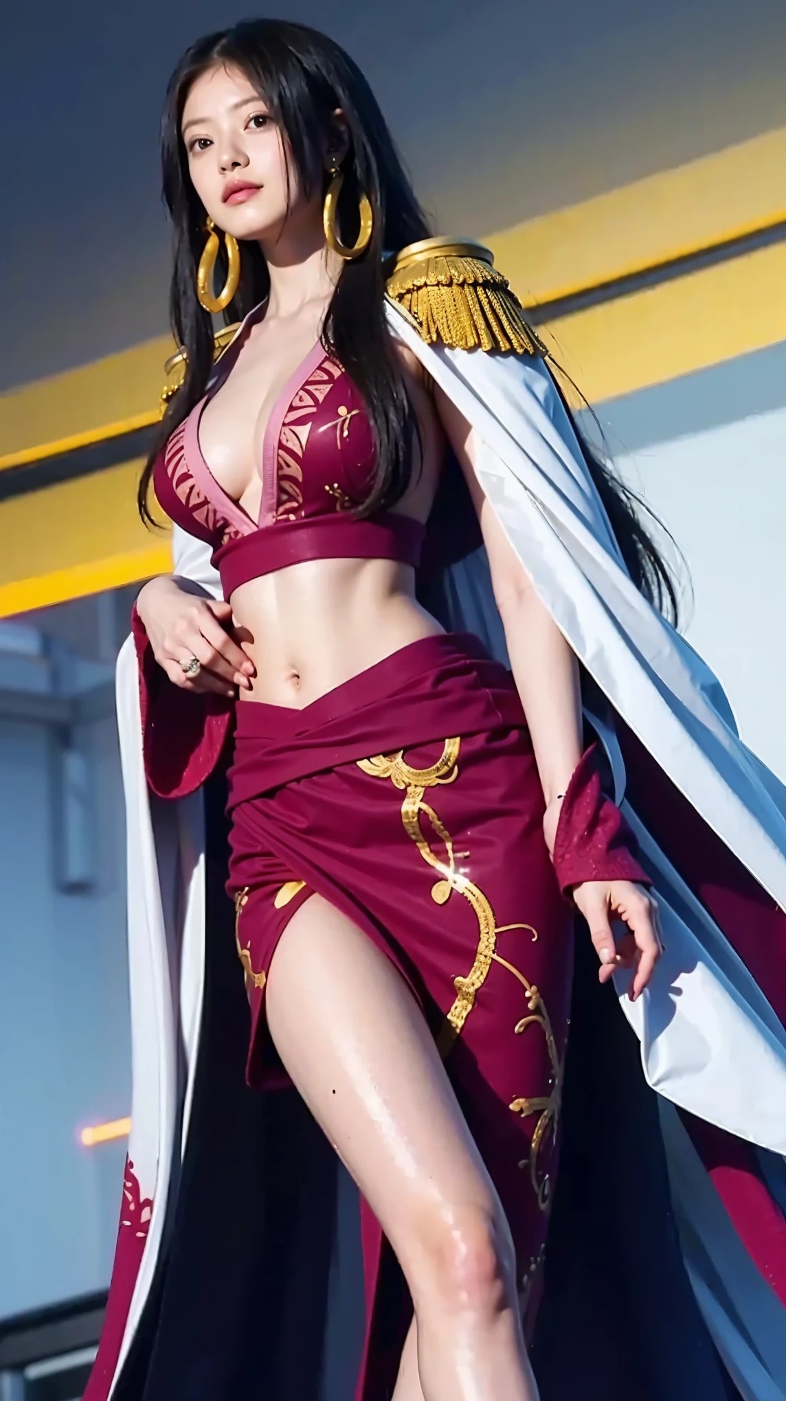 Moisturized skin, (Pink and bright eyes), (Looking down on people), Perfect body,
BREAK,
(Beautiful navel), (Side slit), (Epaulets), Cape, Crop top, Cloak,
BREAK,
(Super long hair), (Large gold and curved earrings: 1.2),
BREAK,
(((Masterpiece + Highest quality + High resolution + Very detailed))), (Full body: 1.2), Symmetrical, One shot,
BREAK,
(In the streets of Japan: 1.3),
BREAK,
(ONE PIECE), (Imada Mio: 1.4), (Boa Hancock: 1.3), ((Large snake)),