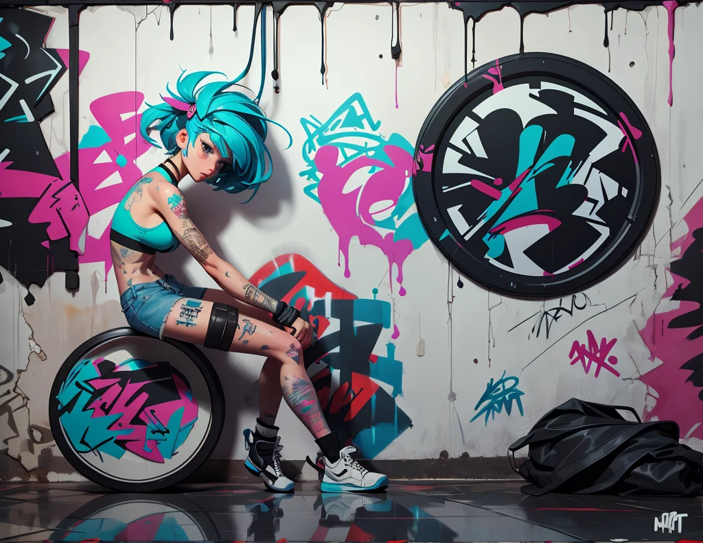 close up, full color painting of squatting cyberpunk girl, sunglasses, high heel shoes, perfect hourglass figure, perfect perky tits, (((Graffiti art) (by Carne Griffiths))), red wall background, insane details, intricate details, hyperdetailed, low contrast, soft cinematic light, dim colors, exposure blend, hdr, front