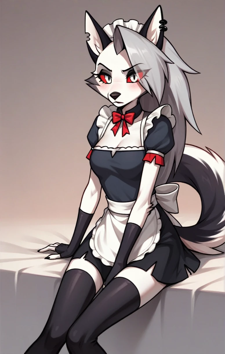 score_9, score_8_up, BREAK, source_anime, (1girl, solo), uncensored, perfect body, slim, thigh highs, fingerless gloves, anthro, furry, (Maid Outfit, sitting:1.2), Loona \(Helluva Boss\),