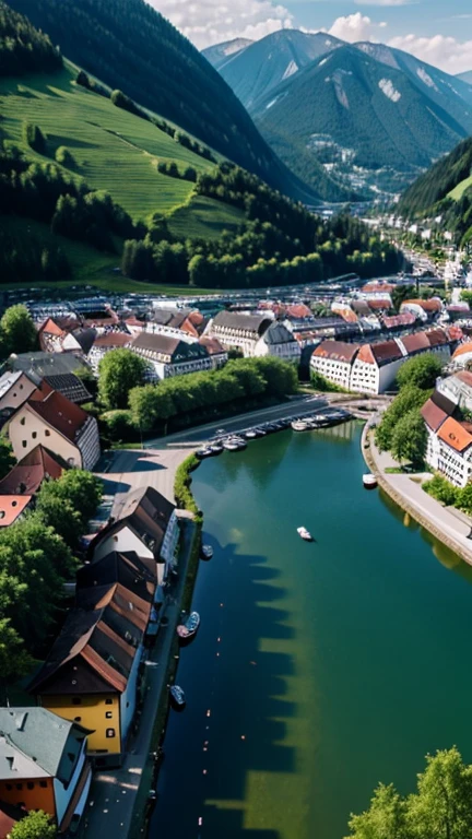 professional photography, Austrian town, lake, high angle,