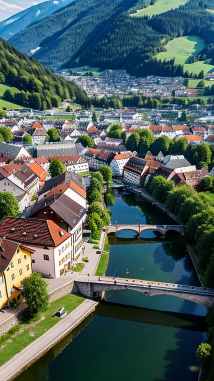 professional photography, Austrian town, lake, high angle,
