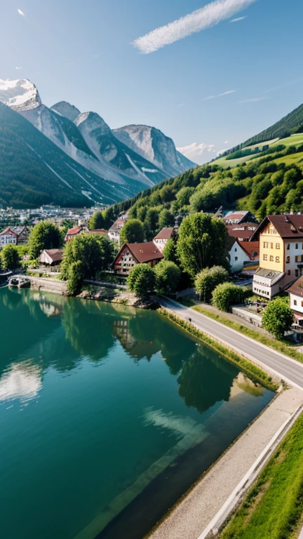 professional photography, Austrian town, lake, high angle,