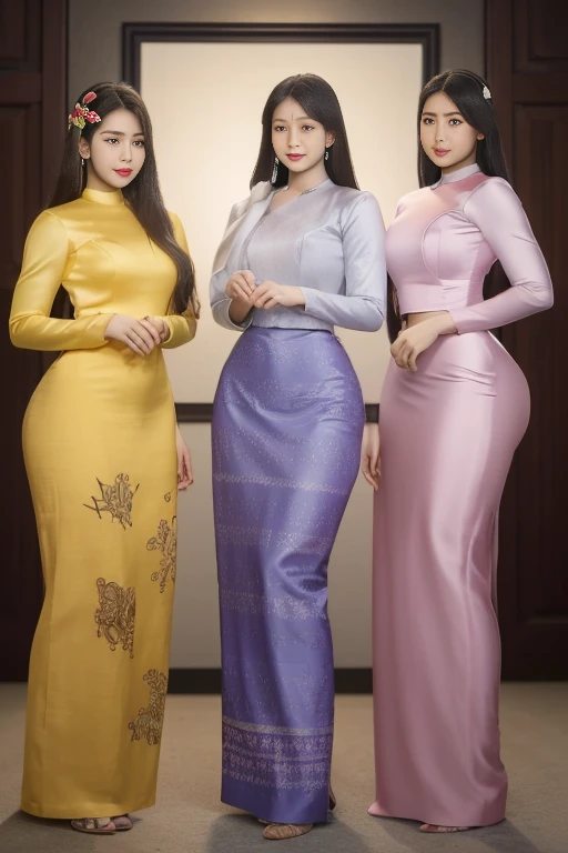 Three Myanmar girls compete with long hair and charismatic beauty owners / smiles, as well as /high hips/a few waists / traditional dresses Clean clothing/sealed silk reflected / decorated silk / artificial / clear maximum image/3D HD HD Full body