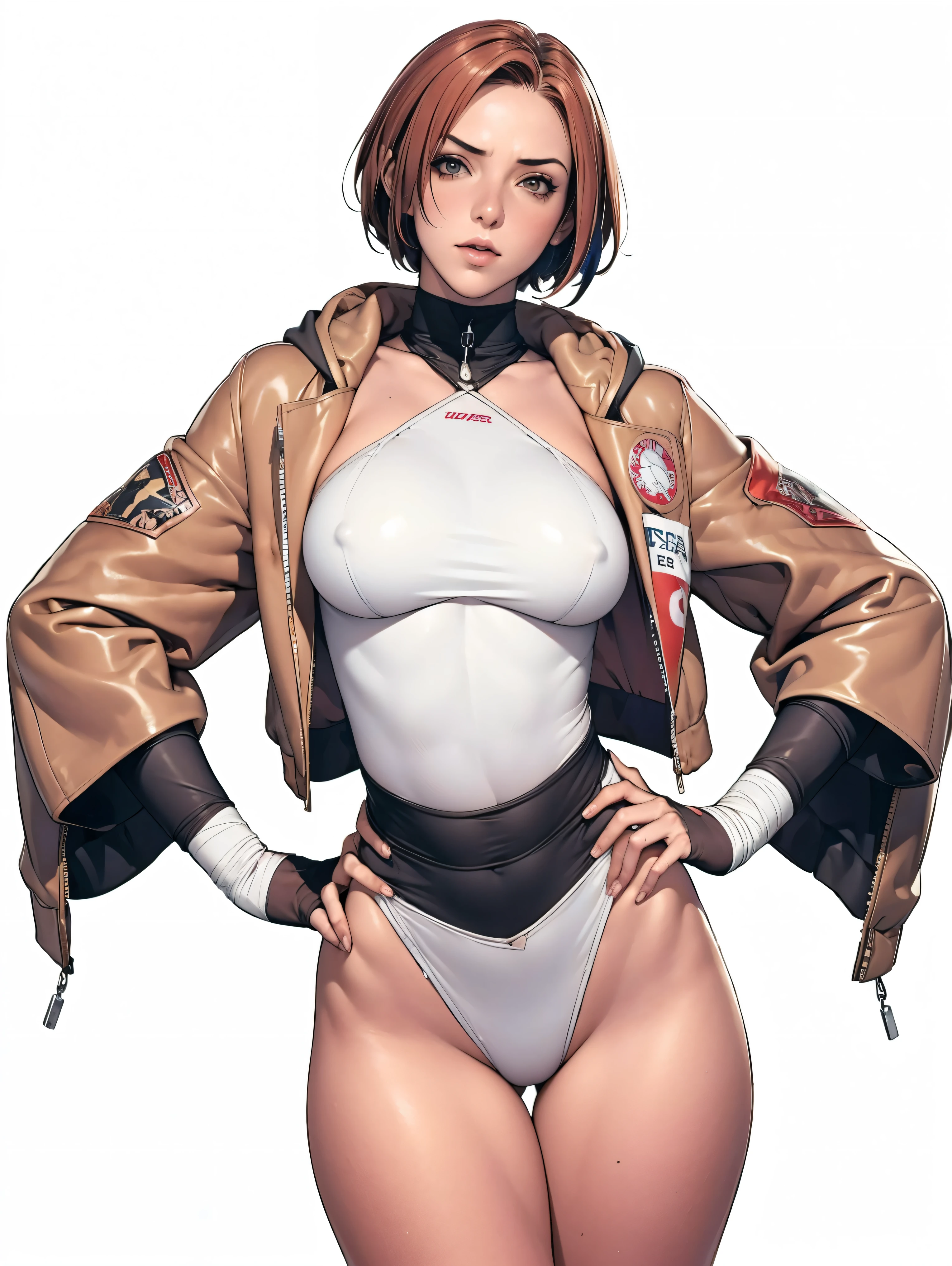 (((Annie Lennox))), (((copper color suit))), (scars), (((bandaged arms))), (((colorful clothes))) (( hood)), (((best qualityer: 1.4))), (Unbeatable masterpiece), (hiper HD),(CG 8k hyper-realistic), brave face, (((breasts big))), (((hyper feminine))), sexly girl, black tattoo,(ultra short red hair with white highlights)), ((( sculptural body ))), (((1 Kizi))), Kizi tatuada de 25 anos com perfectbody,,Beautiful and well-groomed face,muscular body:1.2,solid color detailed jacket, (Head to thigh photos), Complex equipment, copper,Tight clothes,With white stars and off-white stripes,,,,,Armor Metal Electronic Parts, Poison tattoos ) INFO, Kizi, (((standing alone))), pirralha violent, 24歳, sexy, pose de atitude, work of art, post-apocalypse, (((manga style))), bounty hunter, the way you want, perfect body, roupa moderna, advanced technology, Pleated mini skirt with checkered pattern in red and black, fur collar jacket, sleeves with vertical striped pattern, neutral background, (( cowboy shot )). intricate visual, narrow waist, (((wide hips))), wide hips, fit thighs, (thigh gap), background shows a futuristic airplane