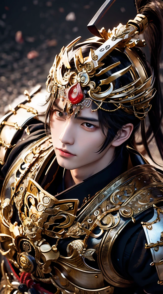 Portrait of Mori Ranmaru from the Sengoku period in Japan. A beautiful male warrior in elaborate armor with a serious expression. The background is dark, creating a historical atmosphere.