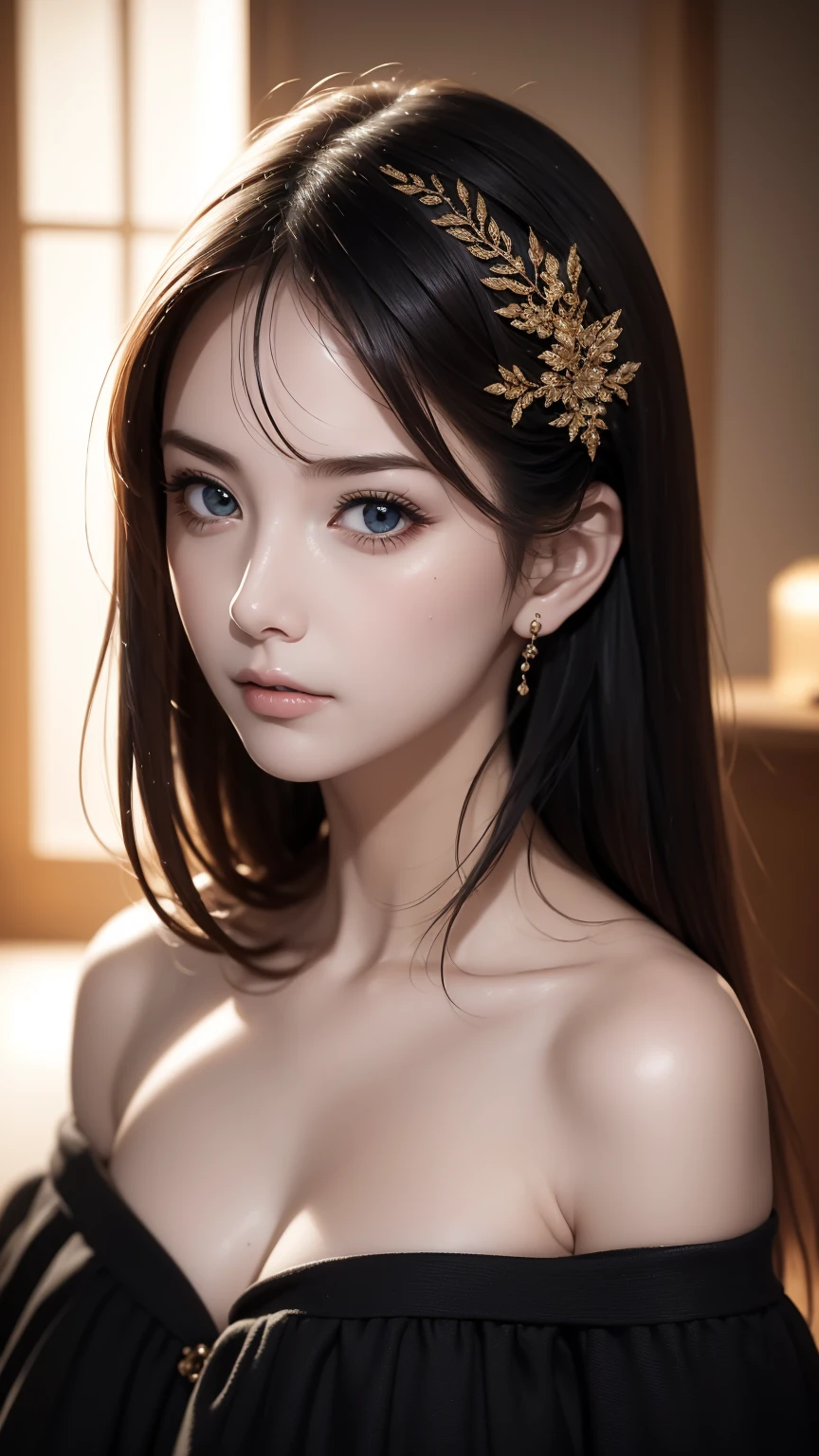 (masterpiece:1.2), (best quality), (ultra detailed), (8k,intricate), (lens 135mm,f1.8),(photorealistic)(black background:1.3),
portrait photography,(upper body:1.3),(off-shoulder),
side lighting,Rim lighting,best shadow,face light source,
perfect anatomy, perfect face,perfect female body,first-rate female bodies,
Detailed skin texture, detailed cloth texture, detailed beautiful face,exquisitely detailed skin,highly detailed skin,pale skin,detailed hair,glistening skin,