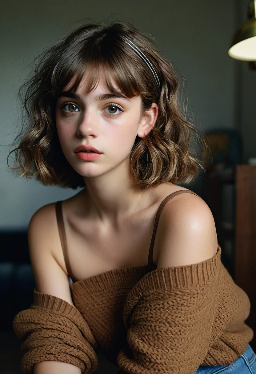 illustration, style of Philip Lorca diCorcia, cinematic film still portrait of young girl aged 18 yrs old, 1girl, solo, Instagram model, athletic figure, modest bust size, deep cleavage, cute face, wearing an off the shoulder brown sweater, wearing jean shorts, light brown hair, short curly hair, crossed bangs, brown eyes, constricted pupils, hair ribbon, hoop earrings, cinematic lighting, Ultra-Wide Angle, Canon, Hyperrealism, UHD, masterpiece, textured skin, high details, best quality, detailed eyes, detailed iris