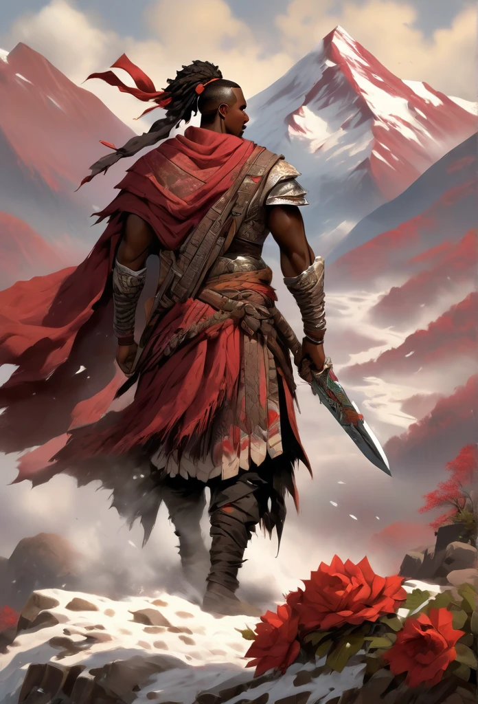 Ultra Realistic, Highly Defined Details, Rose flower, Snowy Mountain Range, Shadowy Distant Back Drop, Bones Liter The Ground, Shandy Color Shading Capturing the Mode, Young Adult African Male Villager, holding a Rose Flower, On Top Of Tall Mountain, Piercing Gaze, Serious Sharp Facial Features, Fit Athletic Muscular Physique, Bone Mail Armor, Peaces of tribal decorations tied to armbands, Bone chest plate armor, Lightly armored belt buckle dagger and in a sheath, Bone carved Hilt and Sword, wrapped in crimson decorated cloth Worn On the Back, Dark Crimson Cloak, Distant Shot Full Body View, Holding a Flaming Rose, Snowy Day, Snowy Mountain, Snow on the Ground, A lot of Snow