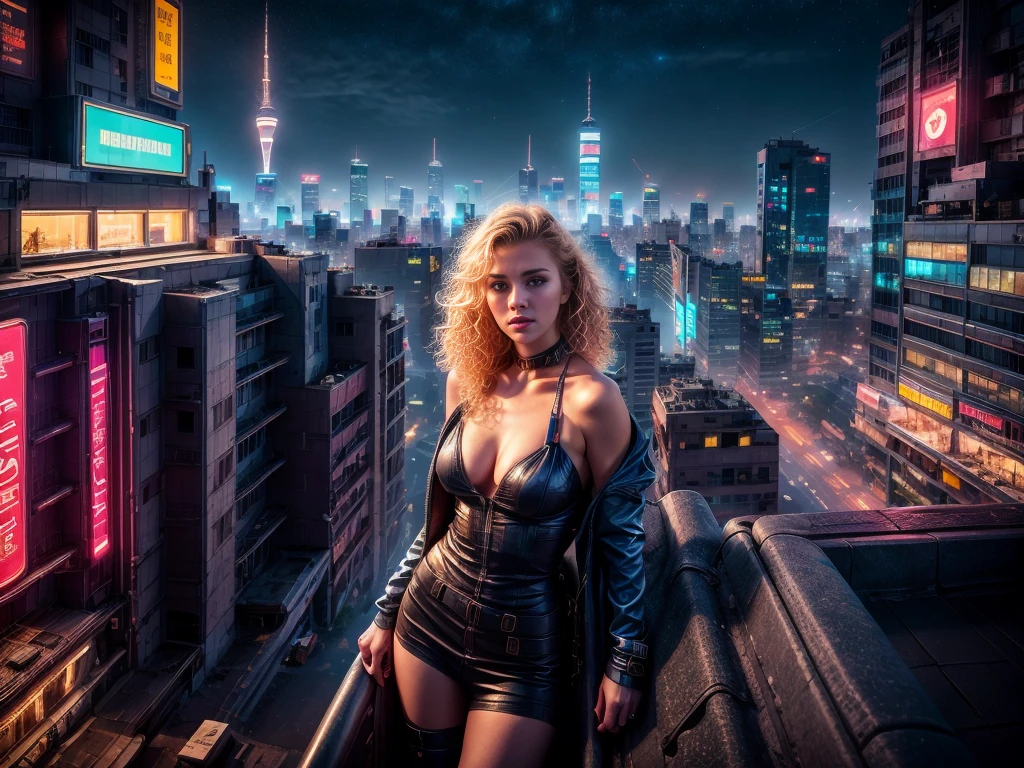 A beautiful european girl, on the roof of cyberpunk building, neon, serious face, wearing purple medieval dress, jewelry, cleavage, full body. She is 24 years old, has blonde hair, curly hair and blue eyes. Her cloth is stylish and her overall appearance is stunning. The girl's face is extremely detailed with beautifully detailed lips. Her skin is anatomically correct with realistic textures. The image should have super high details and be of the best quality, with a resolution of 8K. The final result should be a masterpiece, showcasing the girl's beauty and the vibrant atmosphere of The neon cyberpunk city and the night