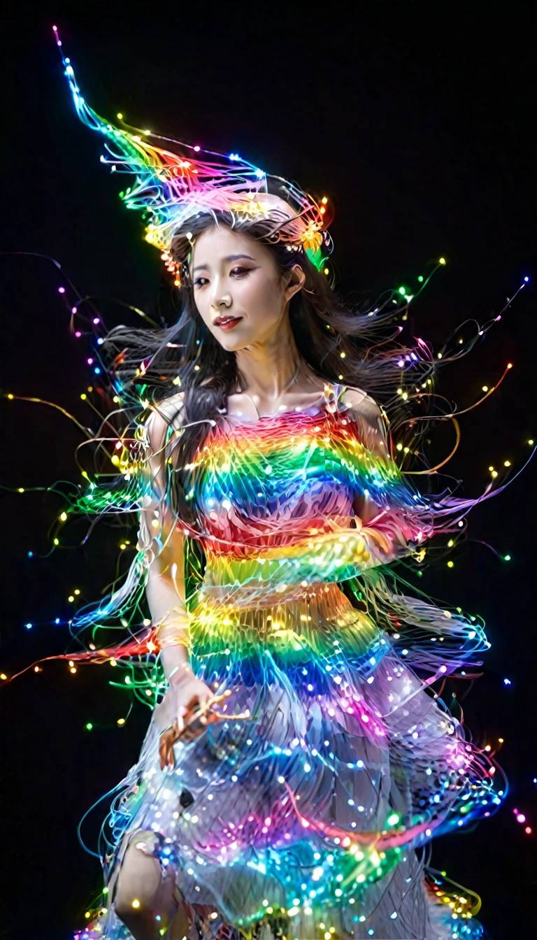 Ultra-Realistic Capture,18k,RAW Photos,Highest quality,masterpiece,reality,Very detailed,Very beautiful woman,Glass Skin,Automata,18-year-old ,Model body type,LED,Very long transparent dress made of light particles,Very detailedな電子機器の骨格,A lot of connecting lines,Rainbow colors,(Very long LED hair),Black background,Angel,Wings made of connecting wires,Raise the middle finger,stick out tongue,