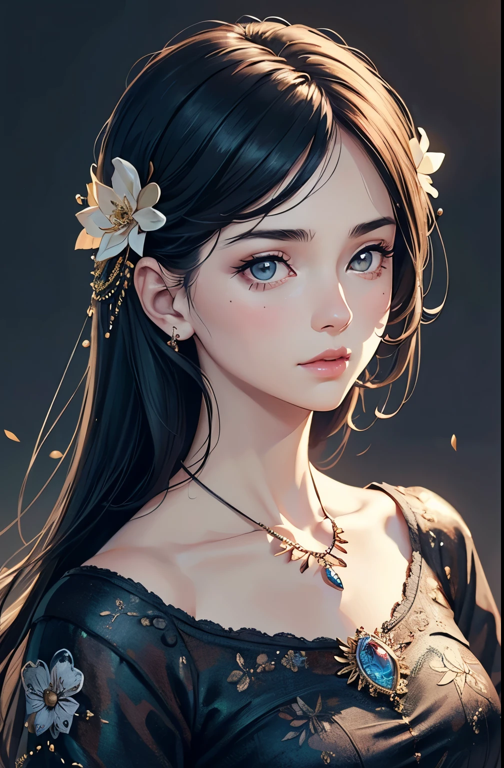 1girl, beautiful face, long black hair, detailed eyes, beautiful detailed eyes, beautiful detailed lips, extremely detailed face, jewelry, alone, resting, art, (best quality,4k,8k,highres,masterpiece:1.2),ultra-detailed,(realistic,photorealistic,photo-realistic:1.37),intricate, high-quality, cinematic lighting, detailed shading, delicate, graceful, serene, pensive, elegant, refined