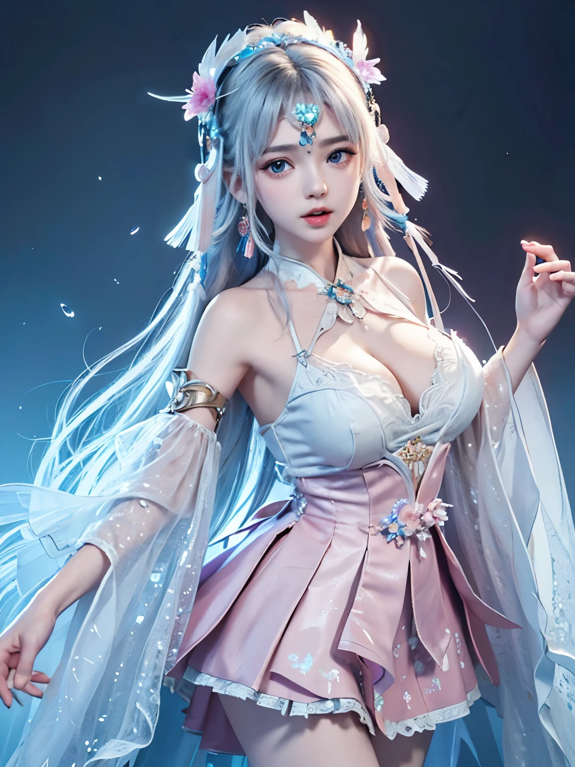 (8k, RAW photo:1.2), best quality, ultra high res,dramatic angle,(fluttered detailed color splashs), (illustration),(((1 girl))),(long hair),(rain:0.9), (Headdress:1.4),There is an ancient palace beside the girl,Hanfu,(Key Points),Color ink painting,(Splash of Color),Splash of Color,(((colorful))),(sketch:0.8) , Masterpiece, best quality, beautiful painted, highly detailed,(denoising:0.6),[splash ink],((ink refraction)), (beautiful detailed sky),moon,highly,detaild,(masterpiece, best quality, extremely detailed） CG Unity 8k Wallpaper，masterpiece，best quality，Ultra Detailed），（Lycoris）.shoulder ballet dress open V-chested clothes Thin silk lace dress short skirt , (huge ，cleavage), white pink and blue and purple，best qualtiy，tmasterpiece，Ultra-high resolution，（Reality：1.4），RAW photogr，（True skin texture：1.3），（filmgrain：1.3），（Selfie angle），1个Giant Breast Girl，Beautiful eye and face details，tmasterpiece，Best quality at best，，The chest more exposed， detailed hair, bra pink , detail 8k, full body, lace petticoat.
