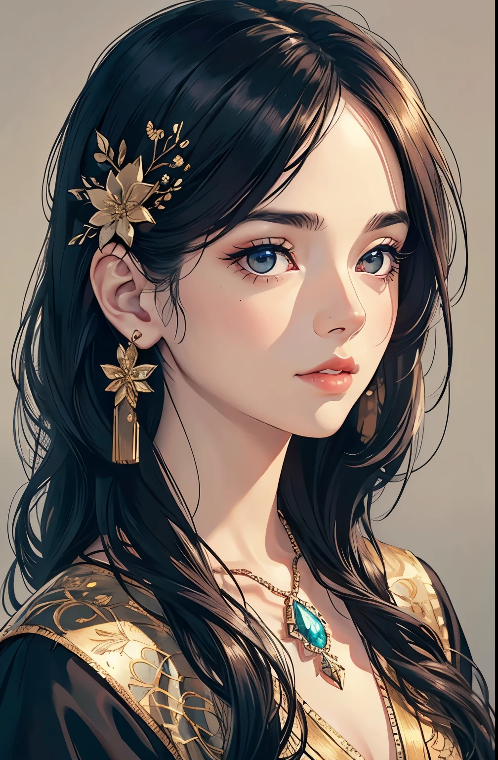 1girl, beautiful face, long black hair, detailed eyes, beautiful detailed eyes, beautiful detailed lips, extremely detailed face, jewelry, alone, resting, art, (best quality,4k,8k,highres,masterpiece:1.2),ultra-detailed,(realistic,photorealistic,photo-realistic:1.37),intricate, high-quality, cinematic lighting, detailed shading, delicate, graceful, serene, pensive, elegant, refined